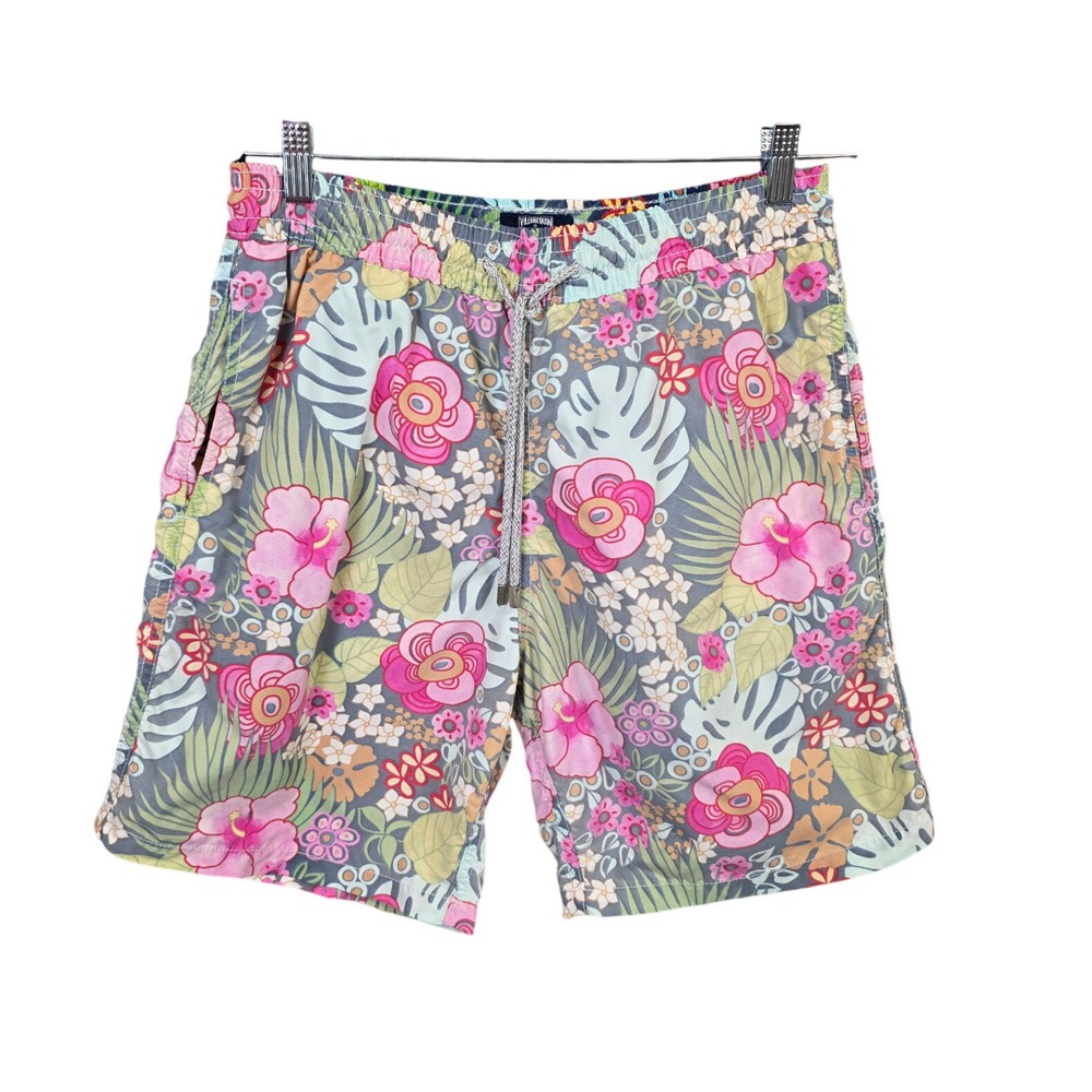 Vilebrequin Mens Moorea Floral Hibiscus Swim Trunks Grey Pink Green Large